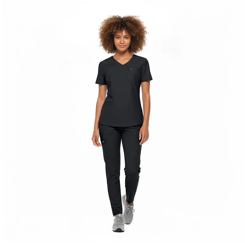 Wholesale women's black v-neck scrub top and pants set with short sleeves and gray sneakers