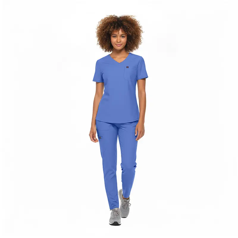 Wholesale women's blue v-neck scrub top and pants set with short sleeves