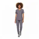 Wholesale women's gray v-neck scrub top with short sleeves and matching gray scrub pants