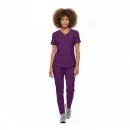 Wholesale women's purple v-neck scrub top and pants set with short sleeves