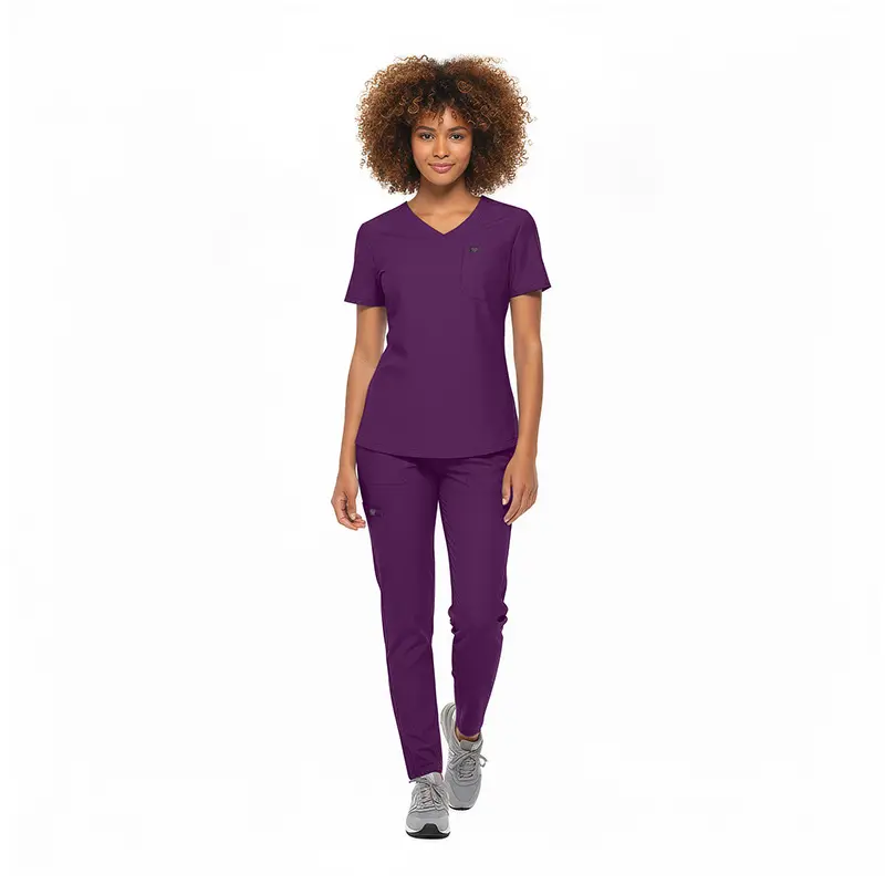 Wholesale women's purple v-neck scrub top and pants set with short sleeves