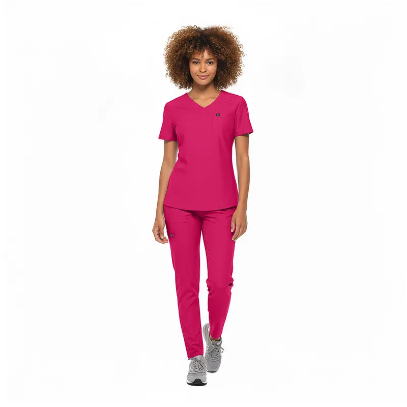 Wholesale women's hot pink v-neck scrub top and pants set with short sleeves