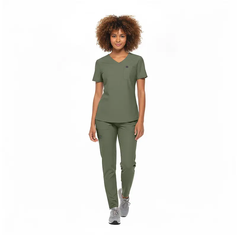 Wholesale women's olive green v-neck scrub top and matching jogger pants set