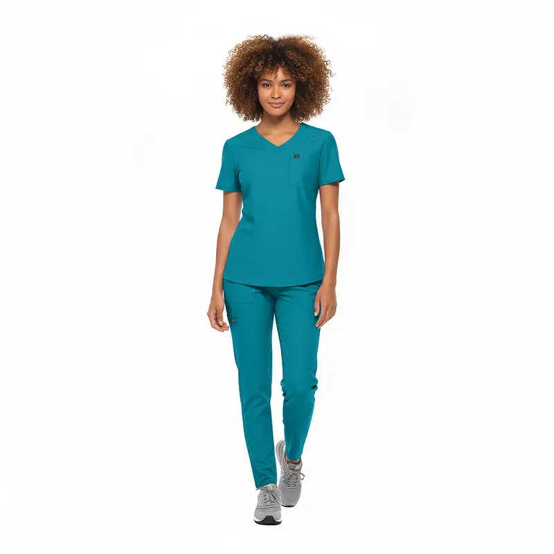 Wholesale women's teal v-neck scrub top and pants set with short sleeves