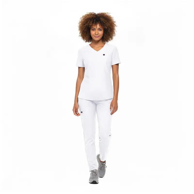 Wholesale women's white v-neck short-sleeve t-shirt and white athletic pants with gray sneakers