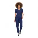 Wholesale women's navy blue v-neck scrub top and jogger pants set with drawstring waist