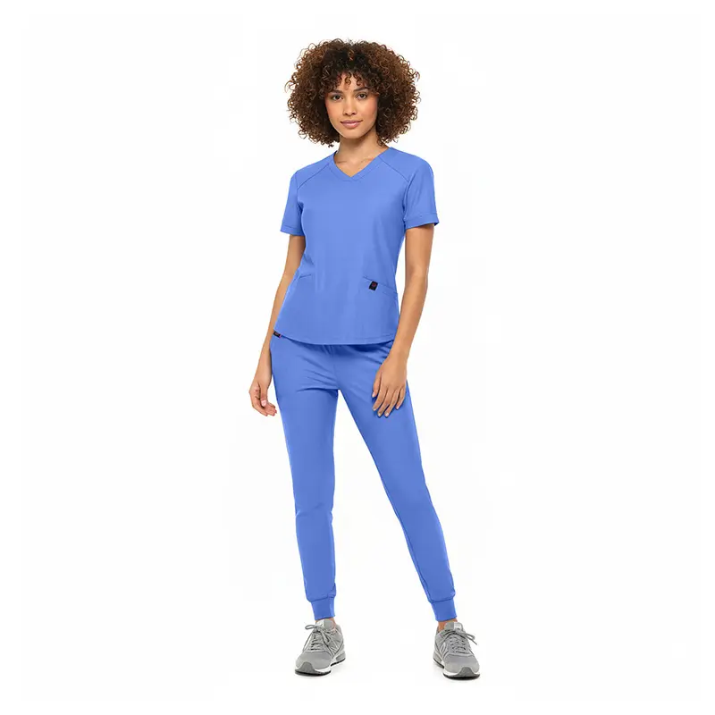 Wholesale women's blue v-neck scrub top and jogger pants set with short sleeves and pockets