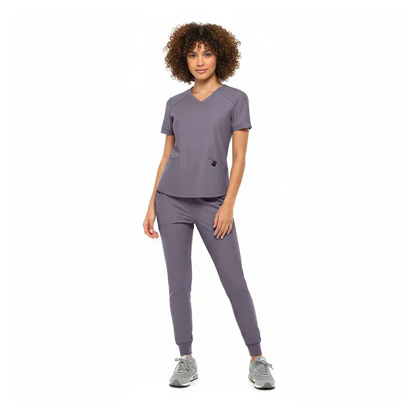 Wholesale women's gray v-neck scrub top and jogger pants set with short sleeves