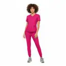Wholesale women's hot pink v-neck scrub top and jogger pants set with short sleeves