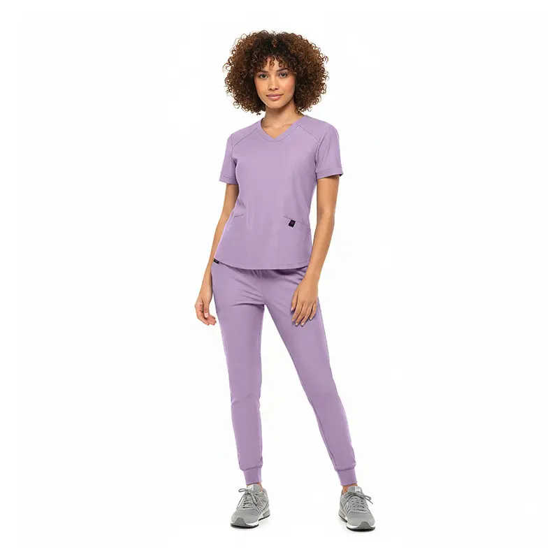 Wholesale women's lavender v-neck t-shirt and jogger pants set with short sleeves
