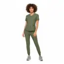 Wholesale women's olive green v-neck scrub top and jogger pants set with short sleeves
