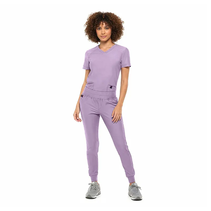 Wholesale women's purple short-sleeve v-neck t-shirt and jogger pants set