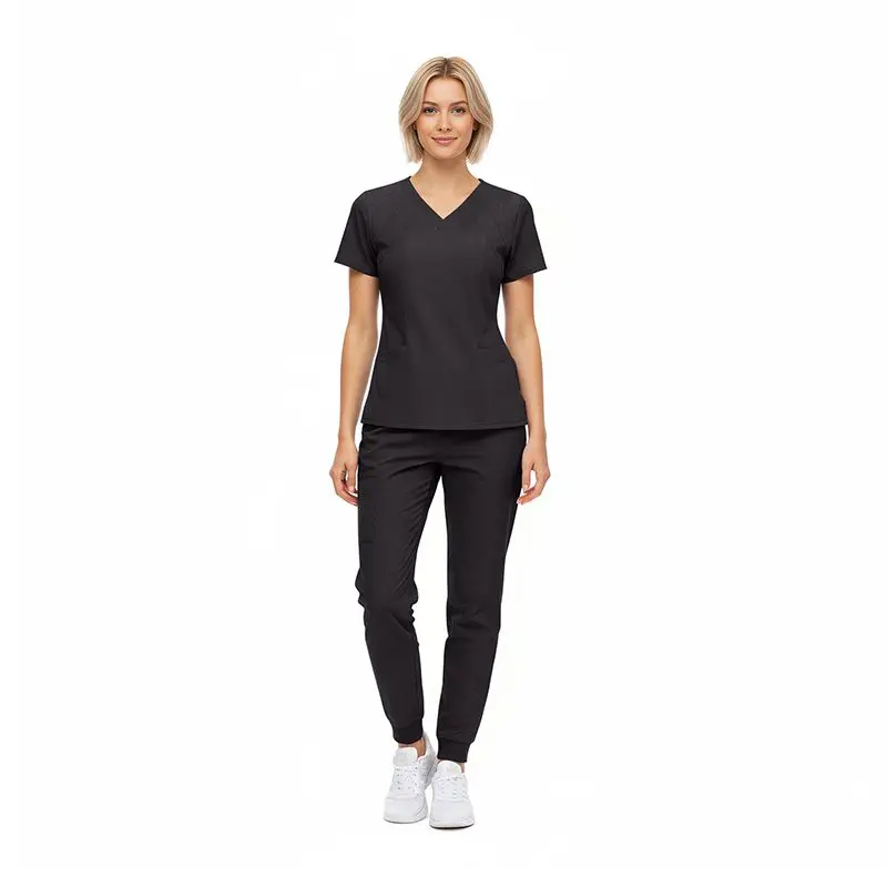 Wholesale women's black v-neck short sleeve top and jogger pants set with white sneakers