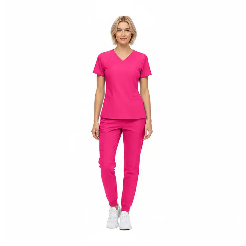 Wholesale women's hot pink v-neck scrub top and jogger pants set