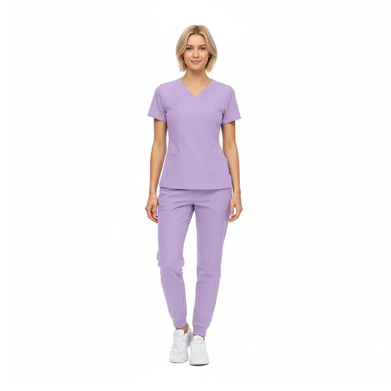 Wholesale women's lavender v-neck scrub top and jogger pants set with short sleeves