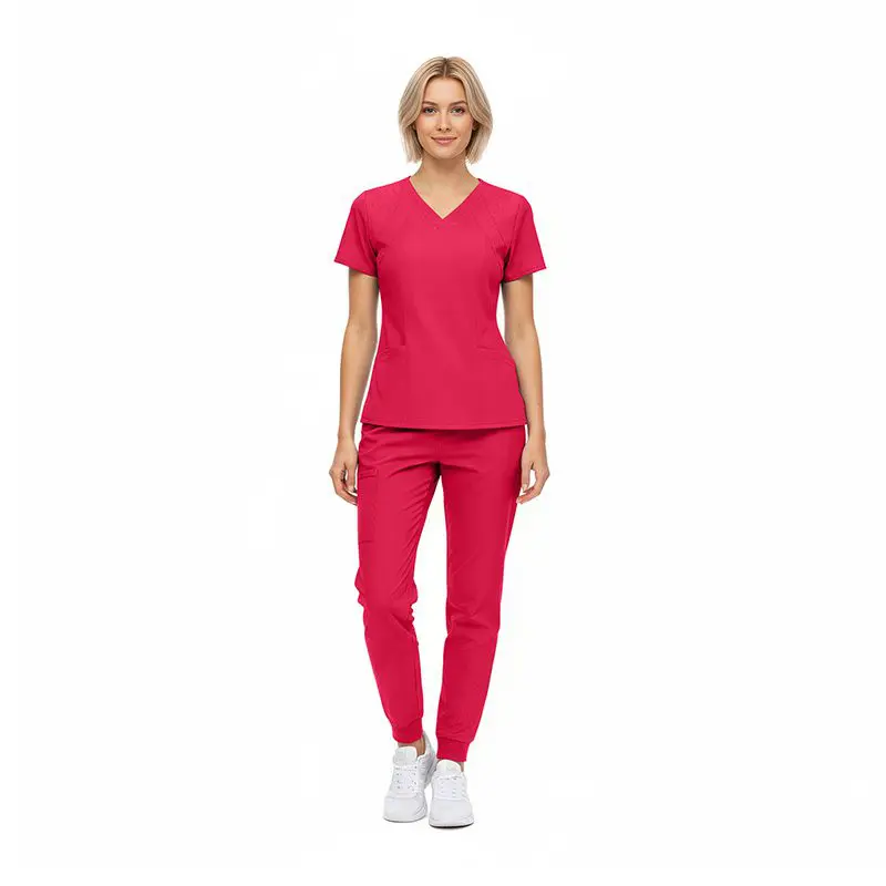 Wholesale women's hot pink v-neck scrub top and jogger pants set with short sleeves