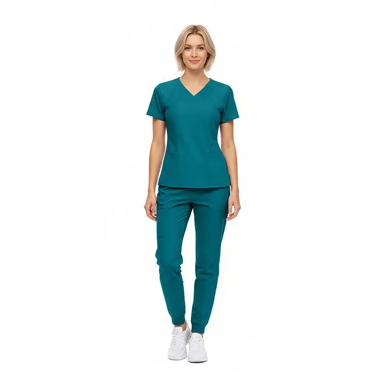 Wholesale women's teal v-neck scrub top and jogger pants set with white sneakers