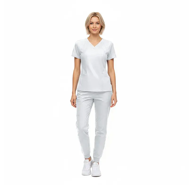 Wholesale women's white v-neck scrub top and light gray pants set with short sleeves