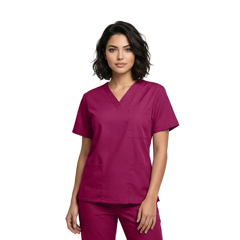 Wholesale women's burgundy scrubs top with v-neck, short sleeves, and front pockets