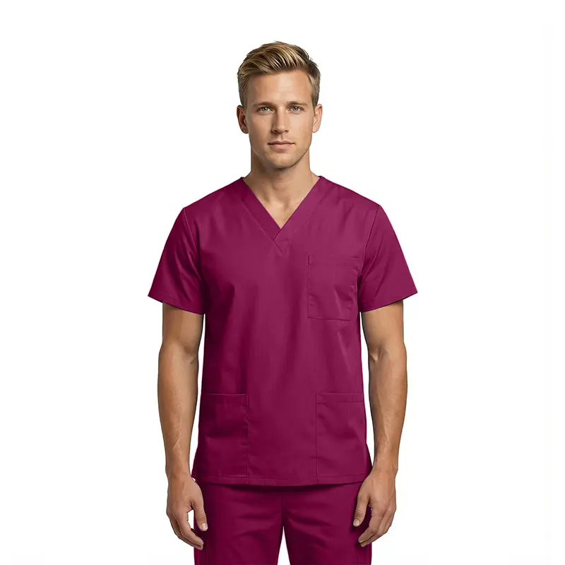 Wholesale men's burgundy v-neck scrub top with short sleeves and chest pocket