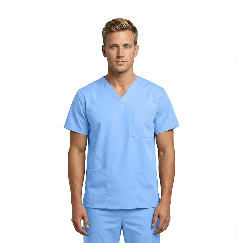 Wholesale men's blue v-neck scrub top with short sleeves and chest pocket