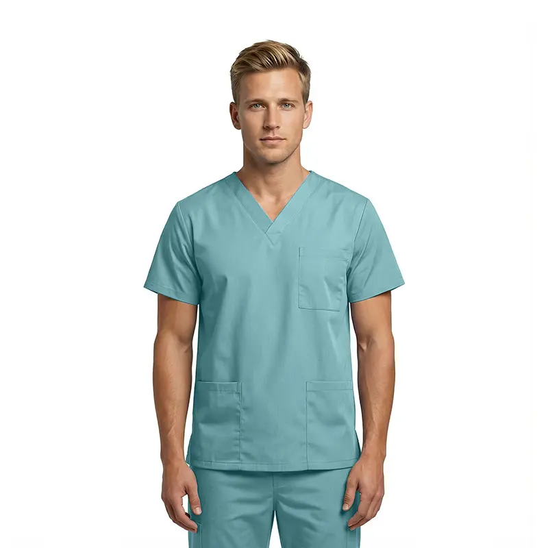 Wholesale men's teal v-neck scrub top with short sleeves and chest pocket