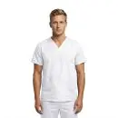 Wholesale men's white v-neck scrub top with short sleeves and chest pocket