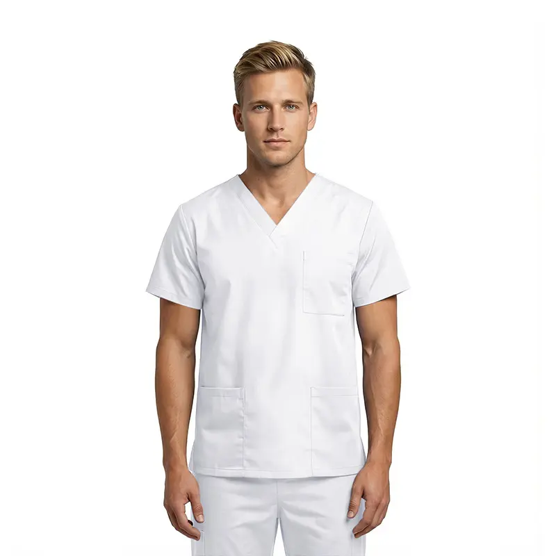 Wholesale men's white v-neck scrub top with short sleeves and chest pocket