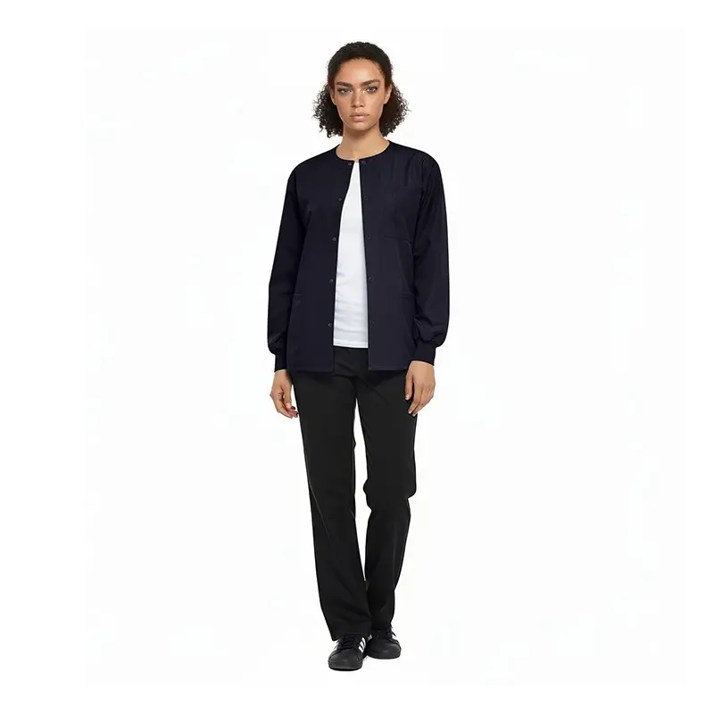 Wholesale women's navy cardigan with white button-front closure and long sleeves paired with black pants
