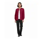 Wholesale women's burgundy button-front cardigan with white undershirt and black pants