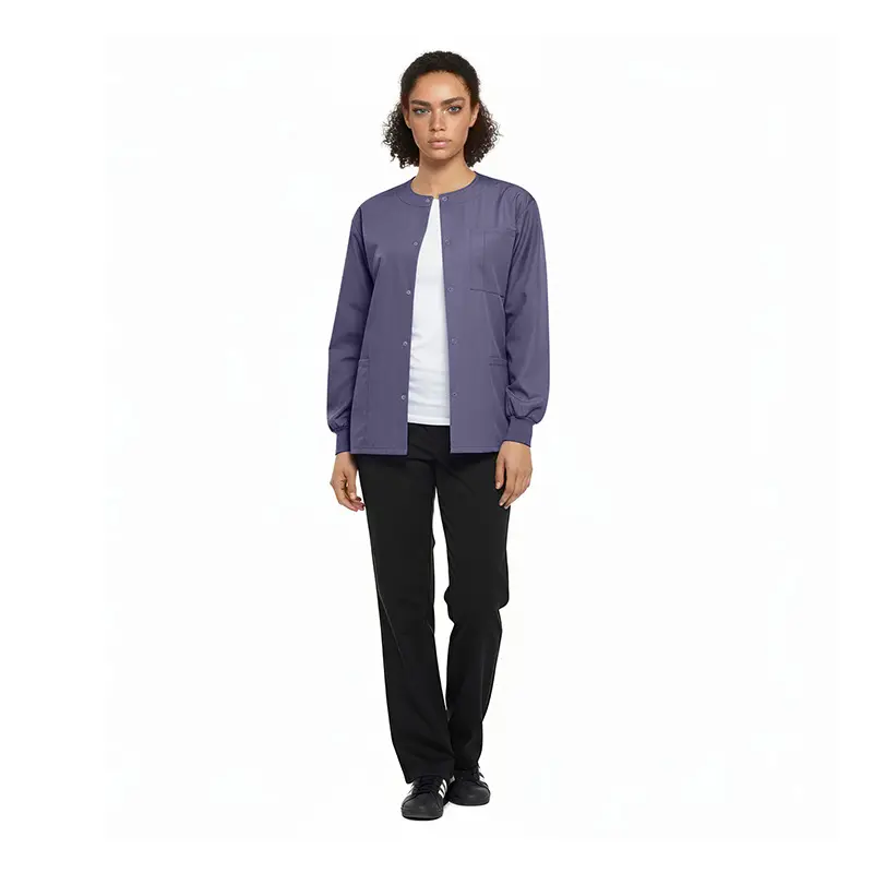 Wholesale women's purple button-front cardigan with white undershirt and black pants