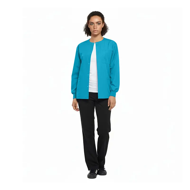 Wholesale women's turquoise snap-front cardigan with white undershirt and black pants