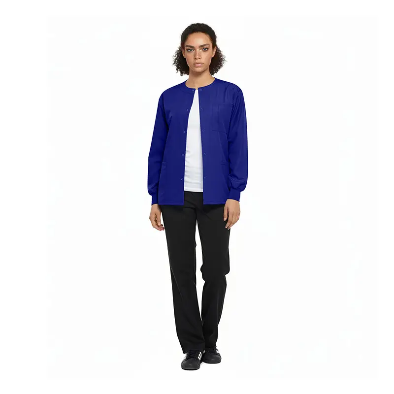 Wholesale women's royal blue button-front cardigan with white undershirt and black pants