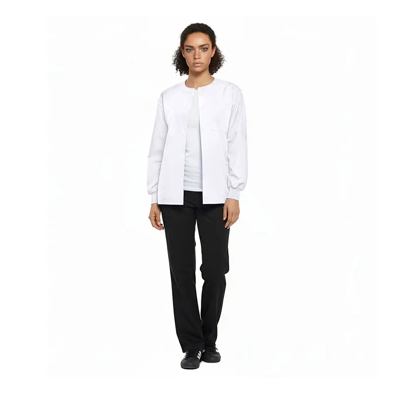 Wholesale women's white button-up cardigan with long sleeves, white t-shirt, and black pants