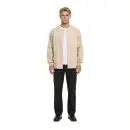 Wholesale men's beige collarless button-up jacket with white undershirt and black pants