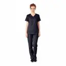 Wholesale women's black v-neck scrub top and pants set with short sleeves and front pockets