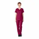 Wholesale women's burgundy v-neck scrub top and pants set with short sleeves