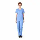 Wholesale women's blue scrubs set with v-neck top and straight-leg pants with black shoes