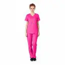 Wholesale women's hot pink v-neck scrub top and pants set with short sleeves
