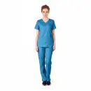 Wholesale women's blue v-neck scrub top and pants set with short sleeves and front pockets