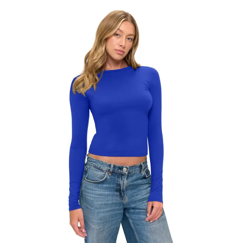 Wholesale women's blue long sleeve fitted crop top with crew neck