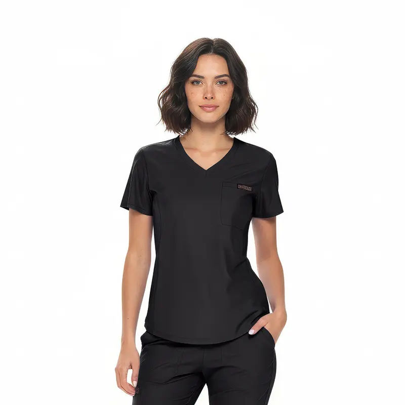 Wholesale women's black v-neck scrub top with short sleeves and chest pocket