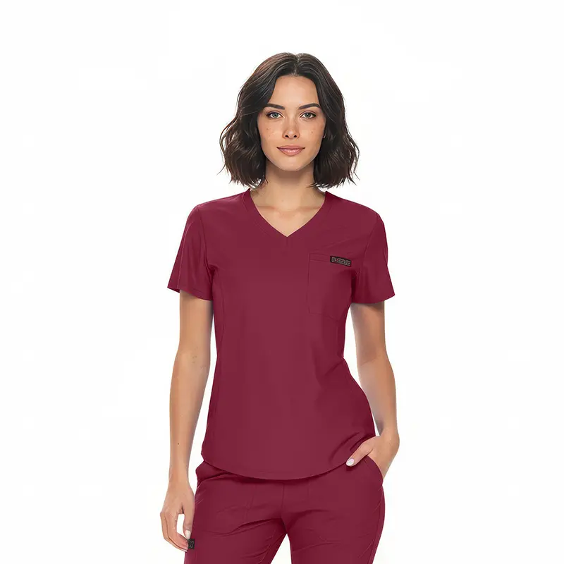 Wholesale women's burgundy v-neck scrub top with short sleeves and chest pocket