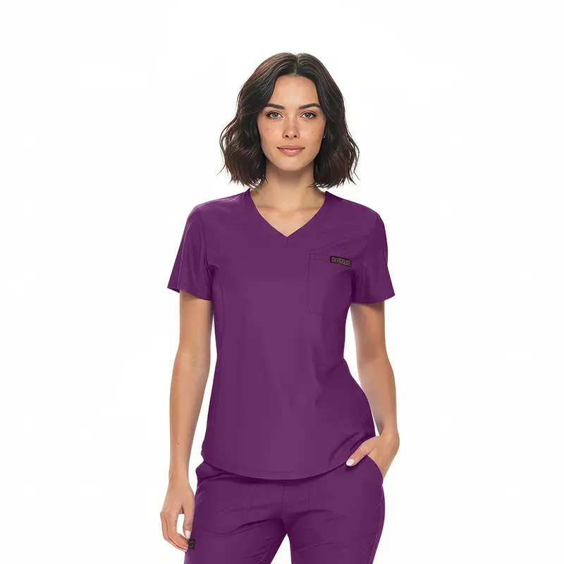 Wholesale women's purple v-neck scrub top with short sleeves and chest pocket