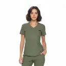Wholesale women's olive green v-neck scrub top with short sleeves and chest pocket