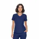 Wholesale women's navy blue v-neck scrub top with short sleeves and chest pocket