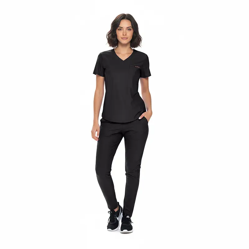 Wholesale women's black v-neck short sleeve top with chest pocket and black tapered pants