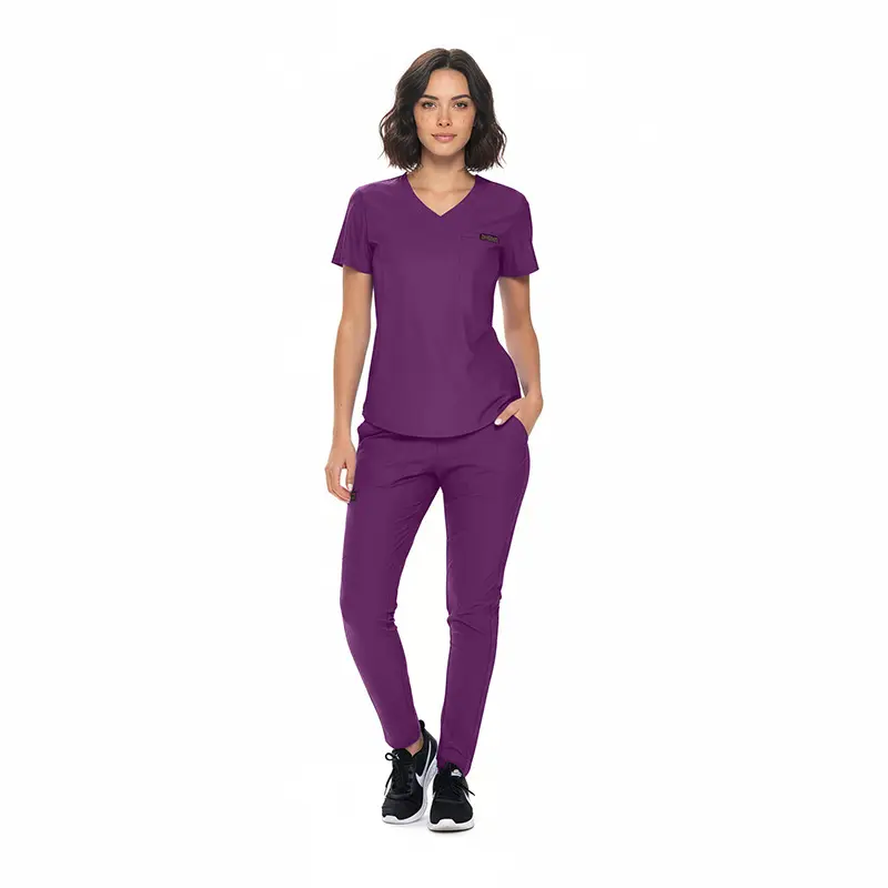 Wholesale women's purple v-neck scrub top and pants set with short sleeves and front pockets