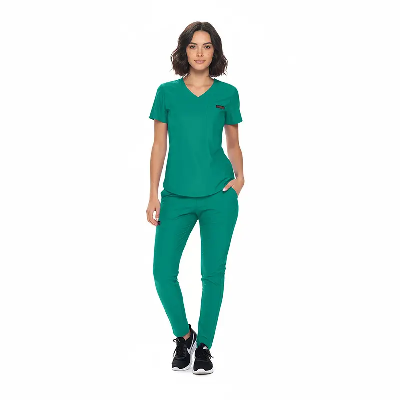 Wholesale women's teal v-neck scrub top and pants set with short sleeves and pockets