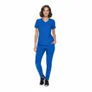 Wholesale women's blue v-neck scrub top and pant set with short sleeves and front pocket detail